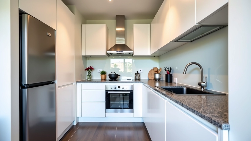 Moderne keuken in ingericht huis met ingebouwde apparatuur, werkblad en kasten, klaar voor gebruik